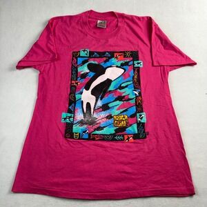Vintage 90s SeaWorld Shamu Orca Graphic T-Shirt Pink Oneita Made in USA Large‎